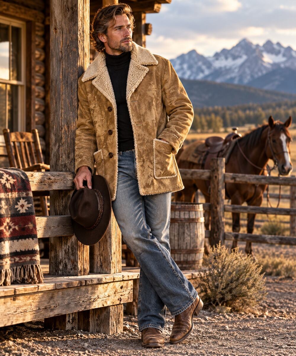 Vintage 70s Fingerhut Sherpa Lined Faux Suede Ranch Coat Mens 46 Western